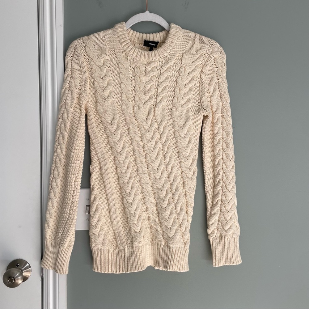 Theory "Twisted" Ivory Cream Chainette Wool Blend Cable Knit Pullover Sweater